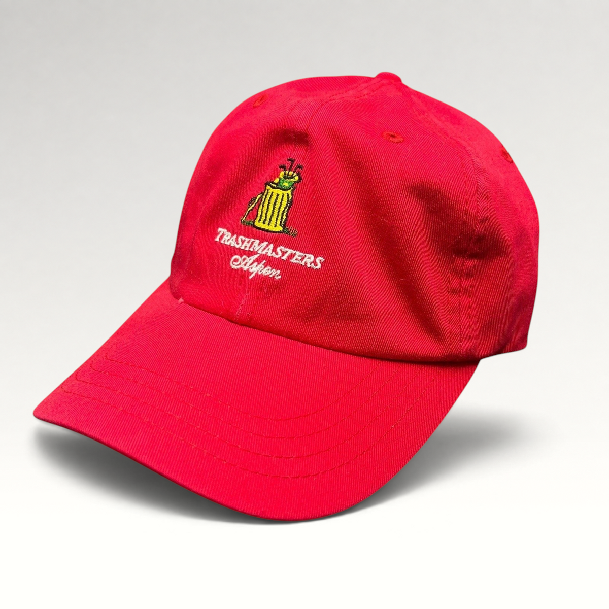 Raree Finds vintage red cotton strapback dad cap with Trashmasters Aspen embroidered trash can golf mascot graphic.