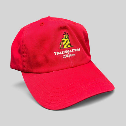 Raree Finds vintage red cotton strapback dad cap with Trashmasters Aspen embroidered trash can mascot graphic