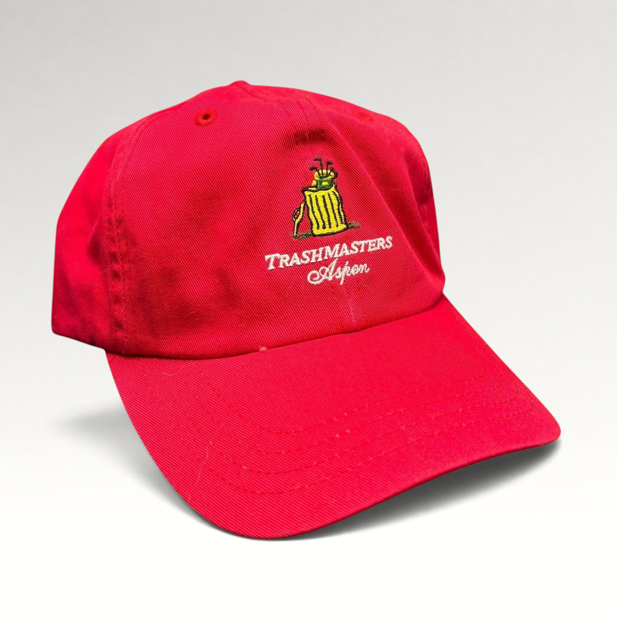 Raree Finds vintage red cotton strapback dad cap with Trashmasters Aspen embroidered trash can mascot graphic