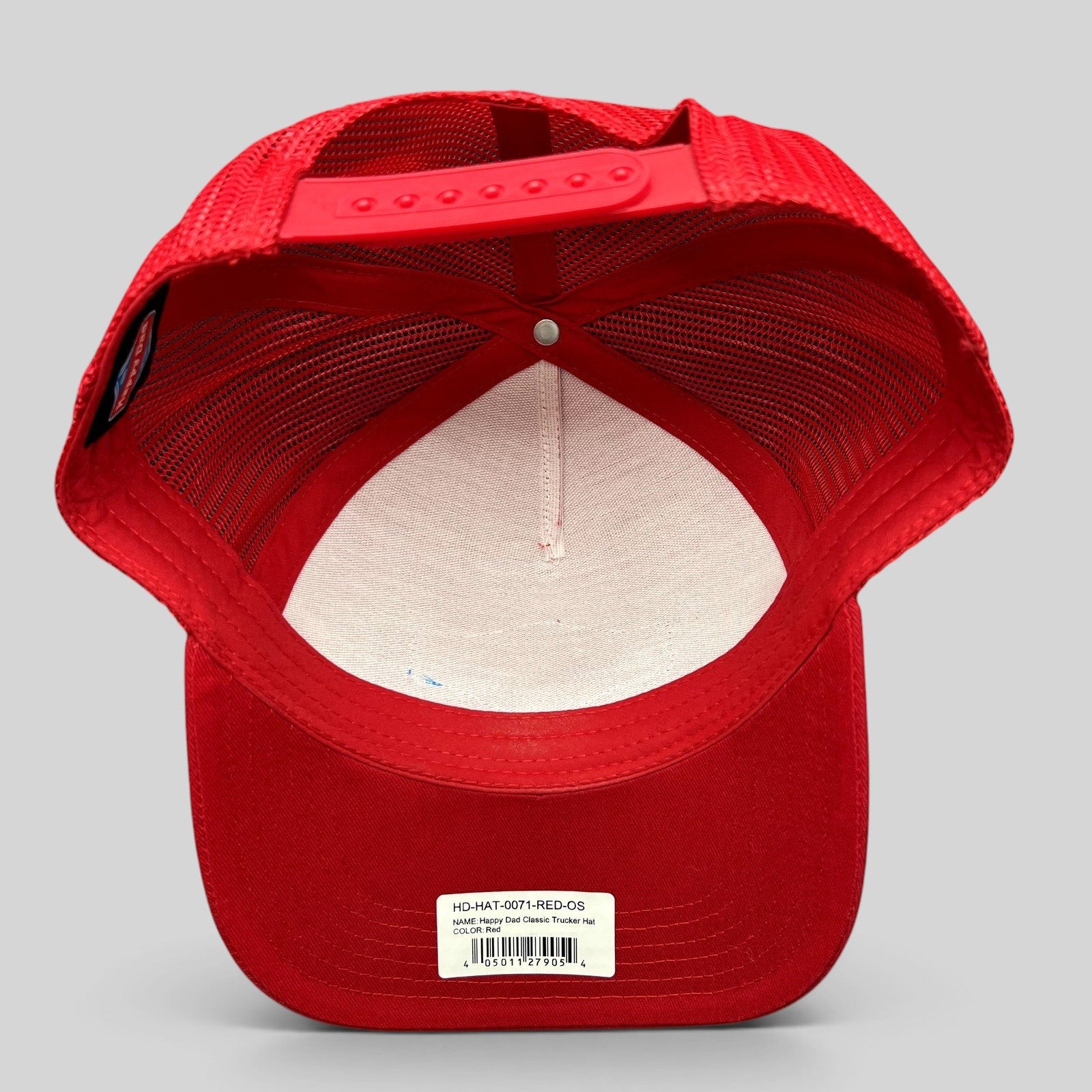 Raree Finds Happy Dad Hard Seltzer red trucker snapback hat showing the interior mesh lining and adjustable strap