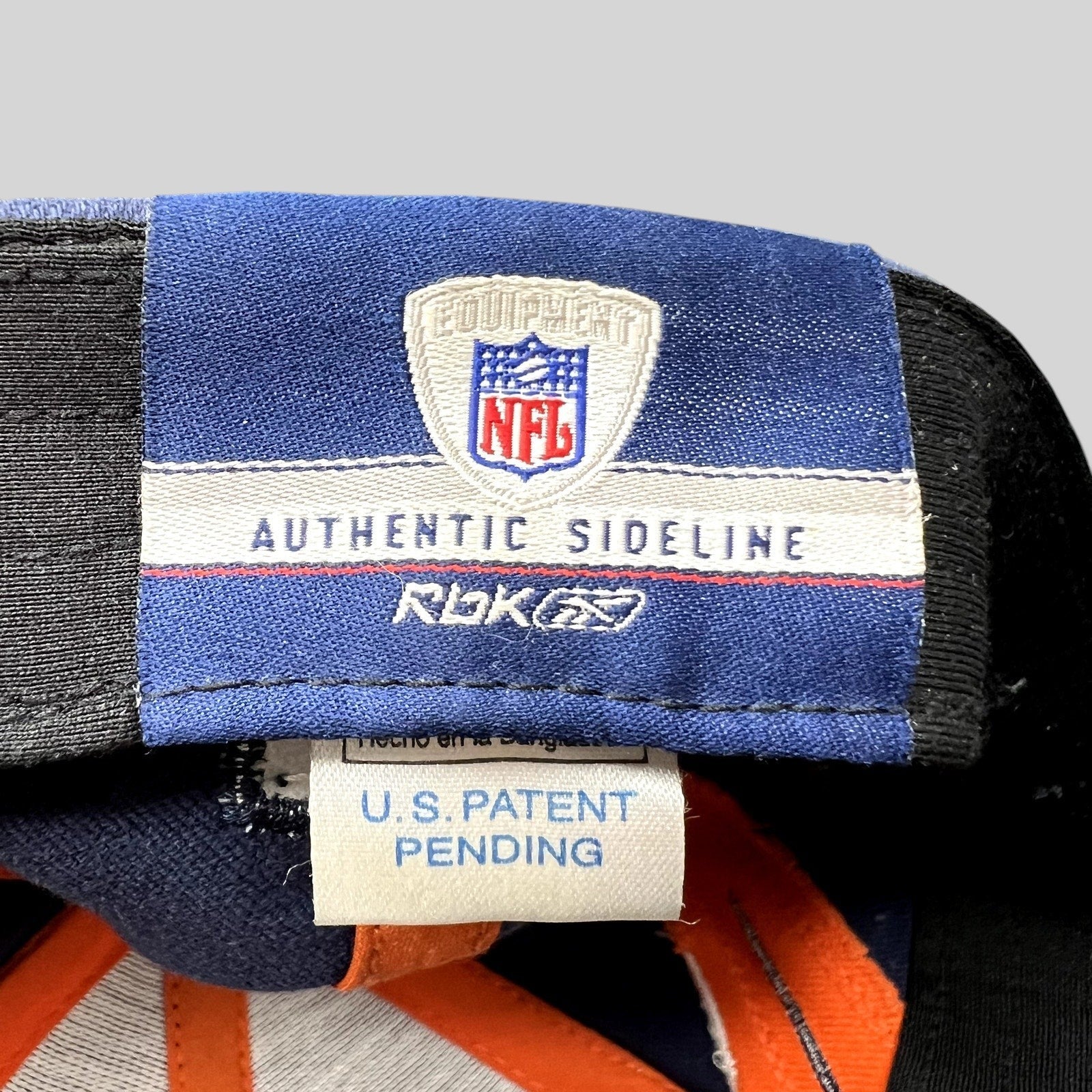 Raree Finds vintage Reebok NFL Authentic Sideline Denver Broncos hat interior tag showing U.S. Patent Pending label
