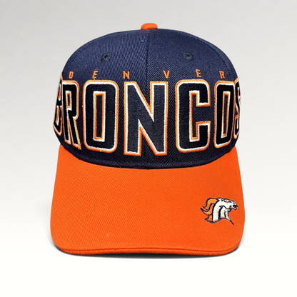 Raree Finds Reebok Denver Broncos NFL strapback hat in navy and orange cotton twill with oversized front embroidery.