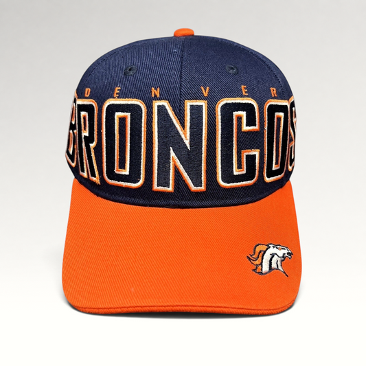 Raree Finds Reebok Denver Broncos NFL strapback hat in navy and orange cotton twill with oversized front embroidery.