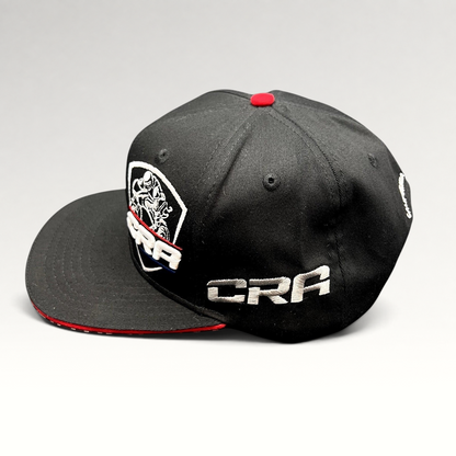 Raree Finds retro black snapback hat with embroidered ERA racing logo and CRA branding for motorcycle enthusiasts.