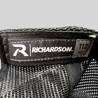 Raree Finds Richardson 112 trucker hat interior label with black mesh backing and adjustable snapback construction.