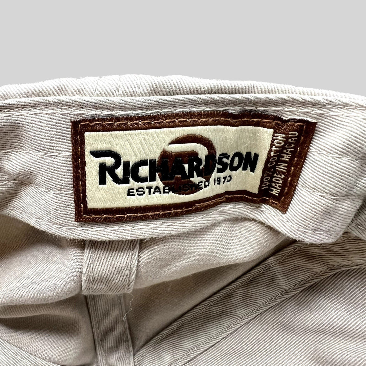 Raree Finds vintage Richardson khaki cotton cap interior label with brand logo and stitching details