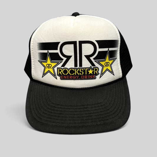 Raree Finds vintage Y2K Rockstar Energy Drink trucker hat with black and white foam front and breathable mesh back.