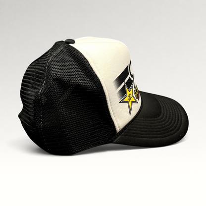 Raree Finds vintage Y2K Rockstar Energy Drink trucker hat with black mesh back, white foam front, and logo detail.