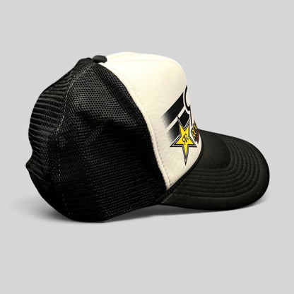 Raree Finds vintage Y2K Rockstar Energy Drink trucker hat with black mesh back, white foam front, and logo detail.