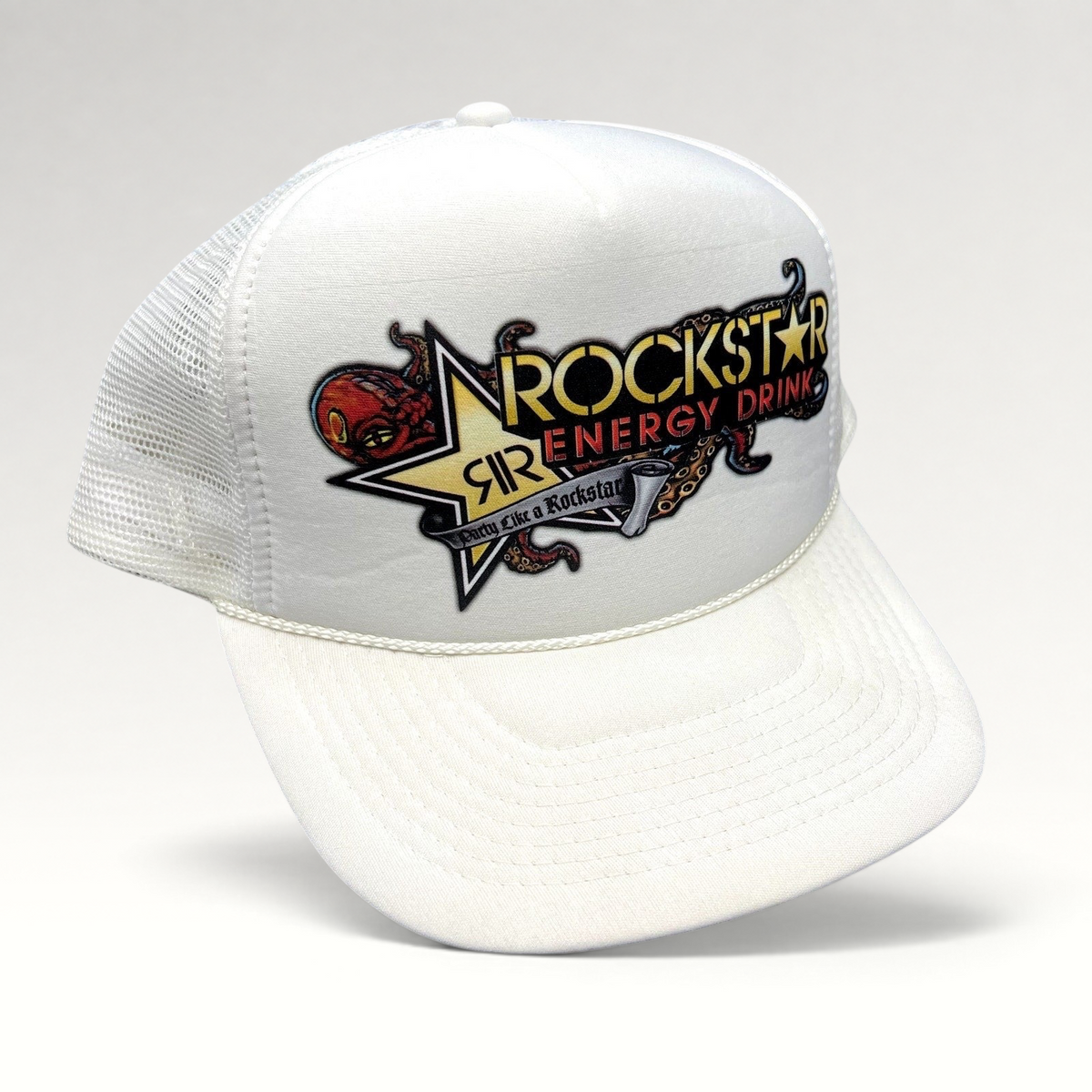 Raree Finds vintage white Rockstar Energy Drink trucker hat with octopus graphic, foam front, and mesh back.