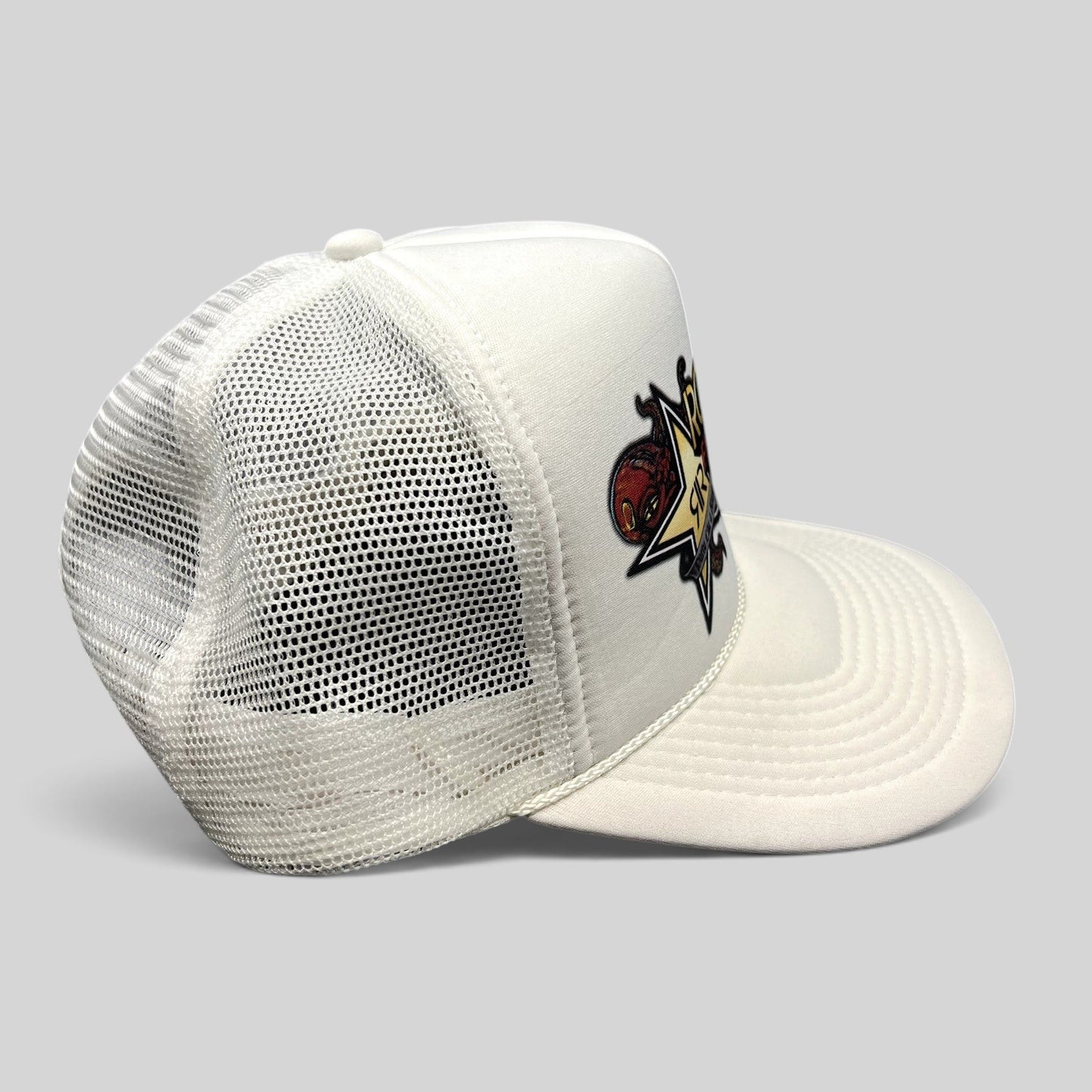 Raree Finds vintage Y2K Rockstar Energy Drink white foam trucker hat with mesh back and octopus graphic logo