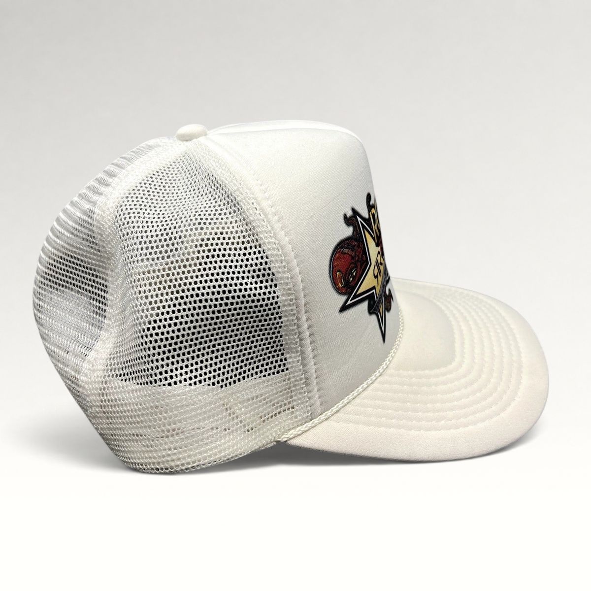 Raree Finds vintage Y2K Rockstar Energy Drink white foam trucker hat with mesh back and octopus graphic logo