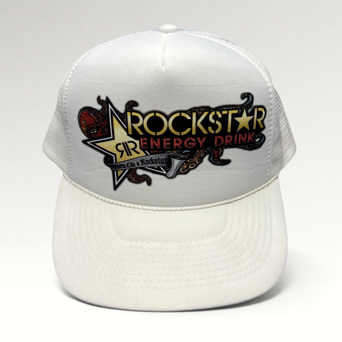 Raree Finds vintage white Rockstar Energy Drink trucker hat with octopus graphic and snapback closure
