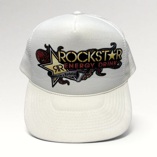 Raree Finds vintage white Rockstar Energy Drink trucker hat with octopus graphic and snapback closure