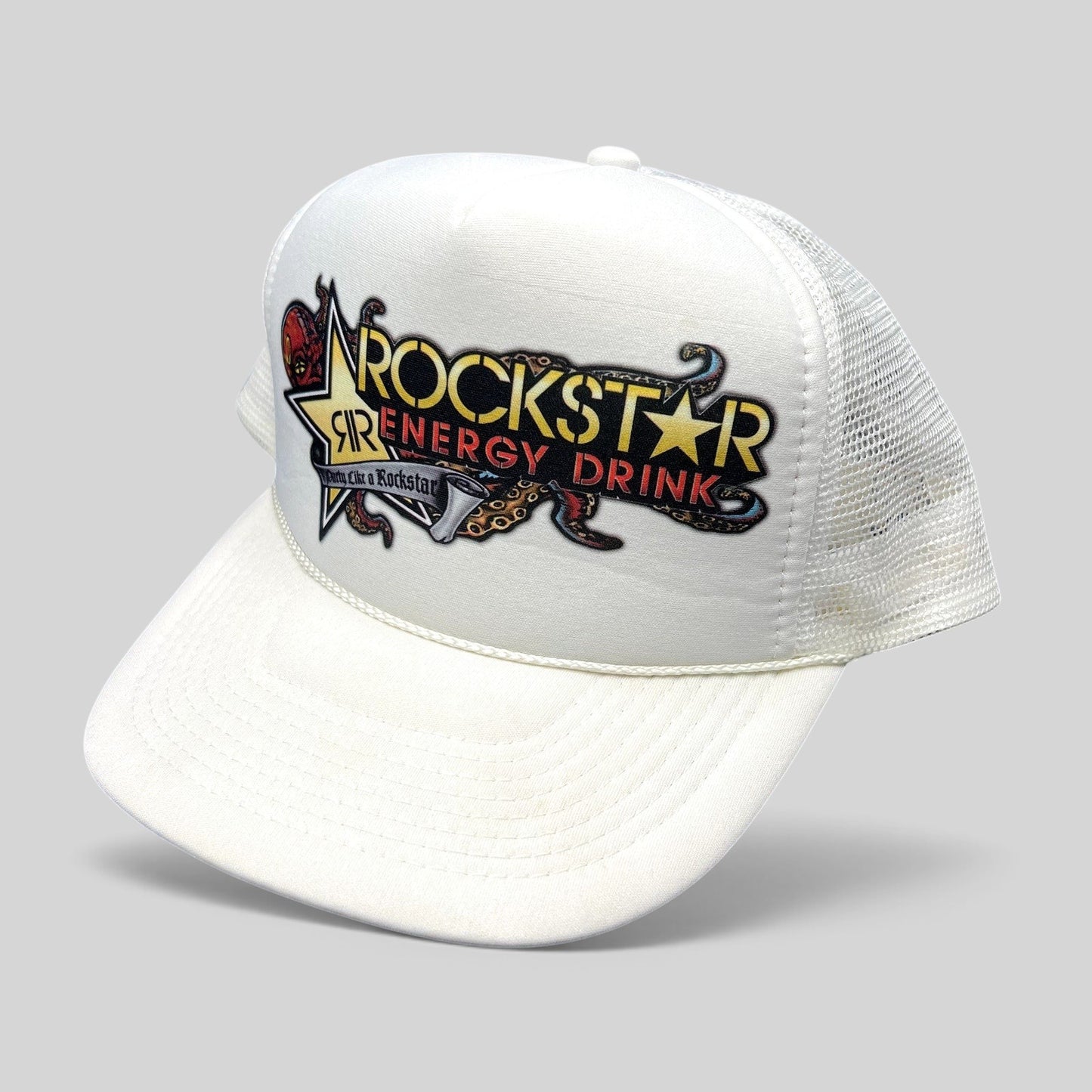Raree Finds vintage white Rockstar Energy Drink trucker hat with octopus graphic, foam front, and mesh back.