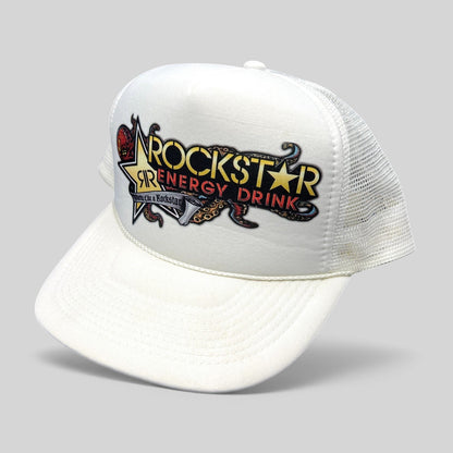 Raree Finds vintage white Rockstar Energy Drink trucker hat with octopus graphic, foam front, and mesh back.