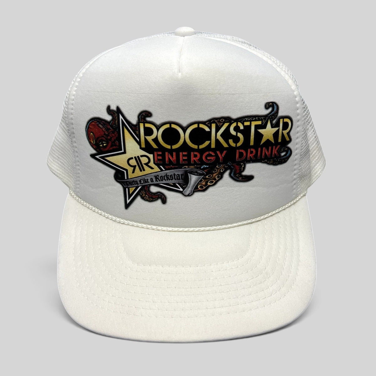 Raree Finds vintage white Rockstar Energy Drink trucker hat with octopus graphic and snapback closure