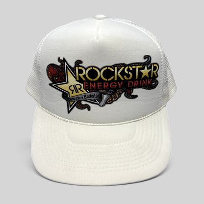 Raree Finds vintage white Rockstar Energy Drink trucker hat with octopus graphic and snapback closure