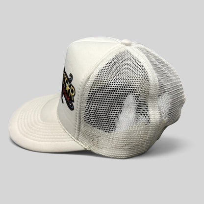 Raree Finds vintage Y2K Rockstar Energy Drink white foam trucker hat with mesh back and rope detail on the brim