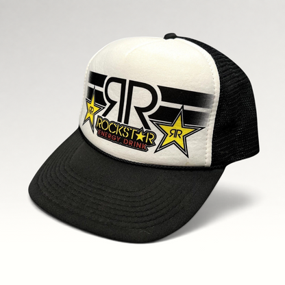 Raree Finds vintage Y2K Rockstar Energy Drink trucker hat with black and white foam front and breathable mesh back.