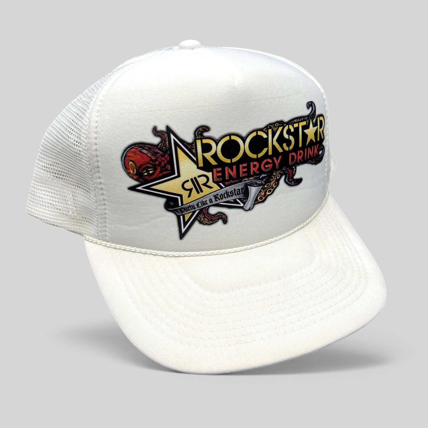 Raree Finds vintage white Rockstar Energy Drink trucker hat with octopus graphic, foam front, and mesh back.