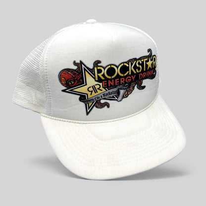 Raree Finds vintage white Rockstar Energy Drink trucker hat with octopus graphic, foam front, and mesh back.