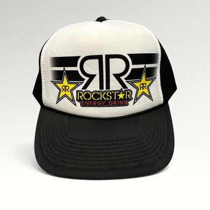 Raree Finds vintage Y2K Rockstar Energy Drink trucker hat with black mesh back, white foam front, and logo graphic.
