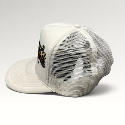 Raree Finds vintage Y2K Rockstar Energy Drink white foam trucker hat with mesh back and rope detail on the brim