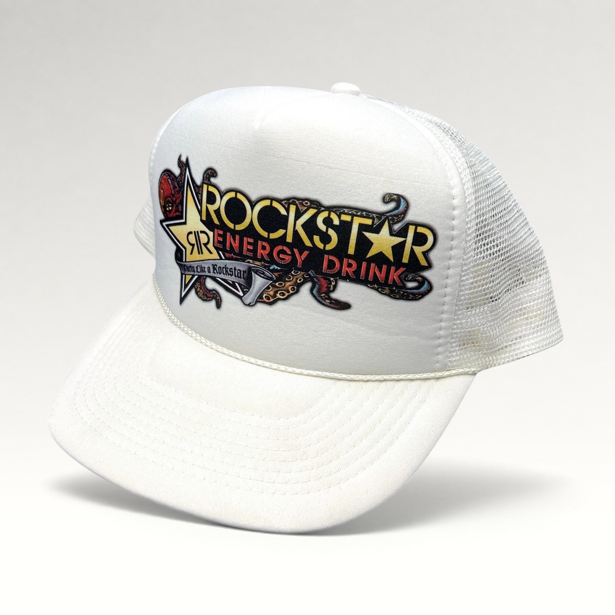 Raree Finds vintage white Rockstar Energy Drink trucker hat with octopus graphic, foam front, and mesh back.