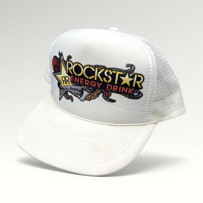 Raree Finds vintage white Rockstar Energy Drink trucker hat with octopus graphic, foam front, and mesh back.