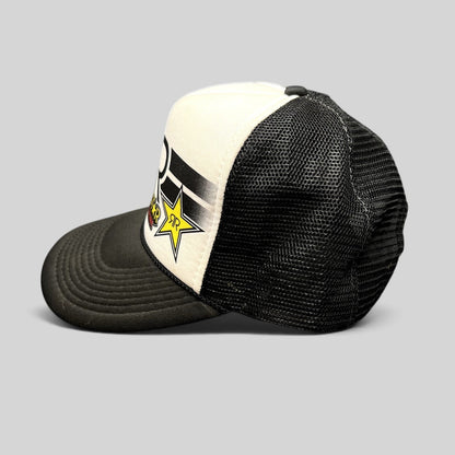 Raree Finds vintage Y2K Rockstar Energy Drink trucker hat with black and white mesh panels and logo side profile