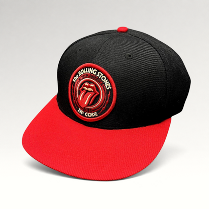 Raree Finds The Rolling Stones Zip Code 2015 tour snapback hat with black crown, red brim, and embroidered logo patch.