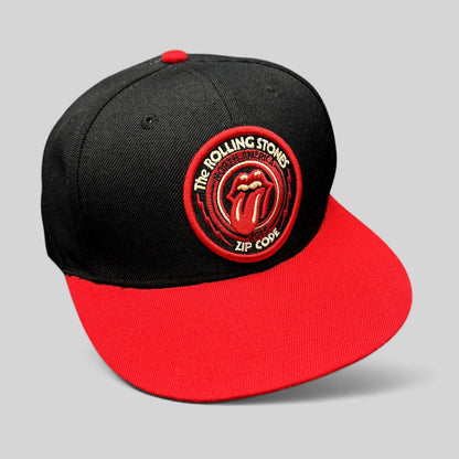Raree Finds The Rolling Stones Zip Code 2015 tour snapback hat with black crown, red brim, and embroidered logo patch.