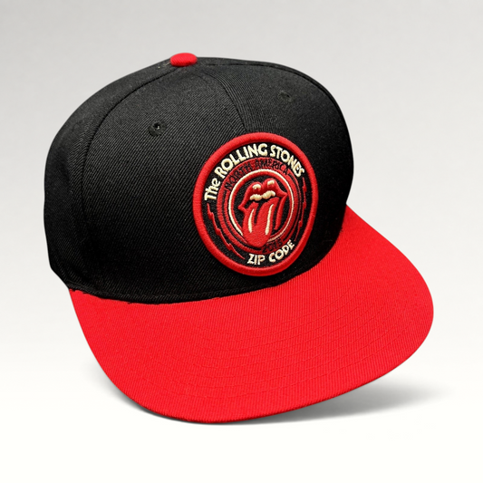 Raree Finds The Rolling Stones Zip Code 2015 tour snapback hat with black crown, red brim, and embroidered logo patch.