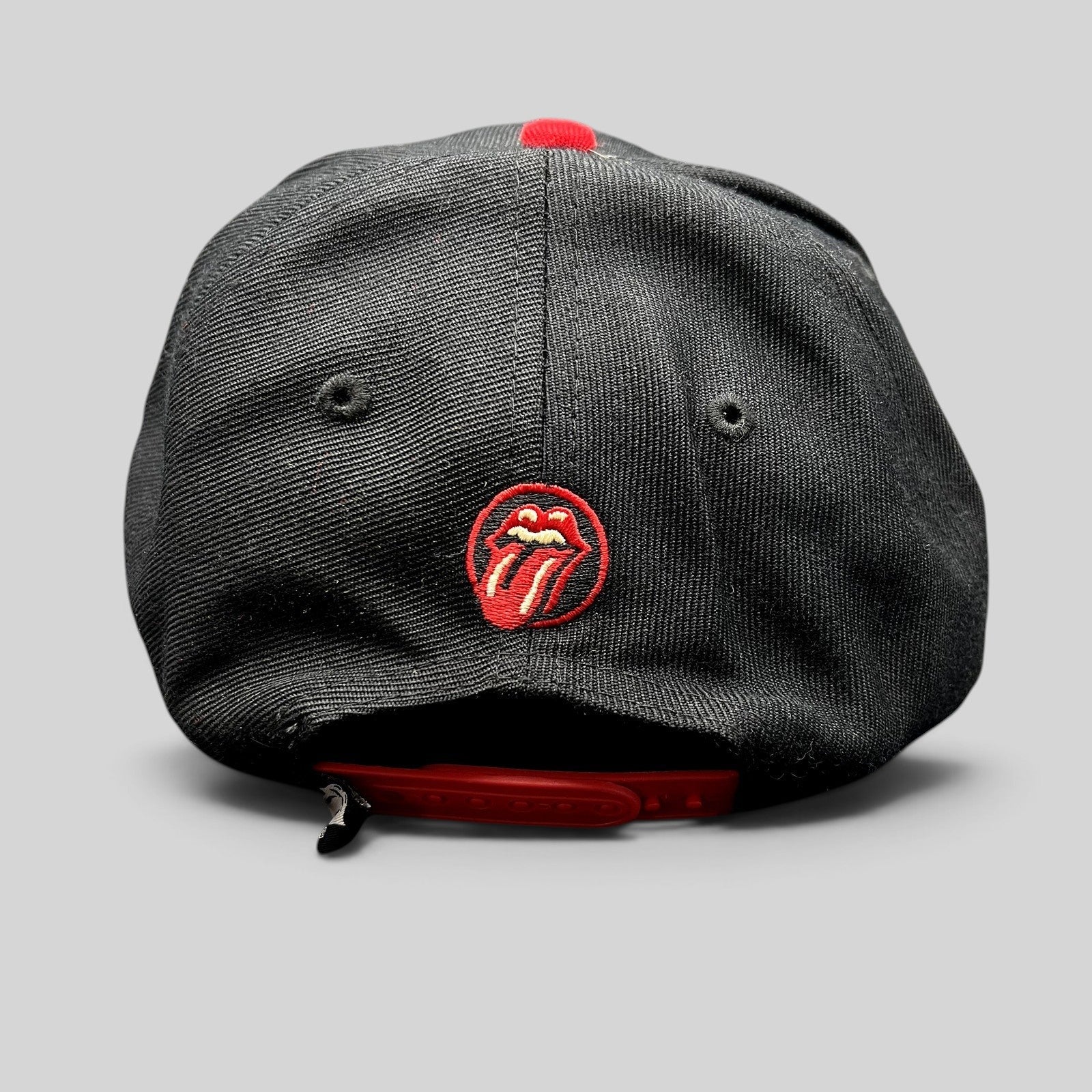 Raree Finds The Rolling Stones Zip Code 2015 tour snapback hat in black with red brim and rear tongue logo embroidery