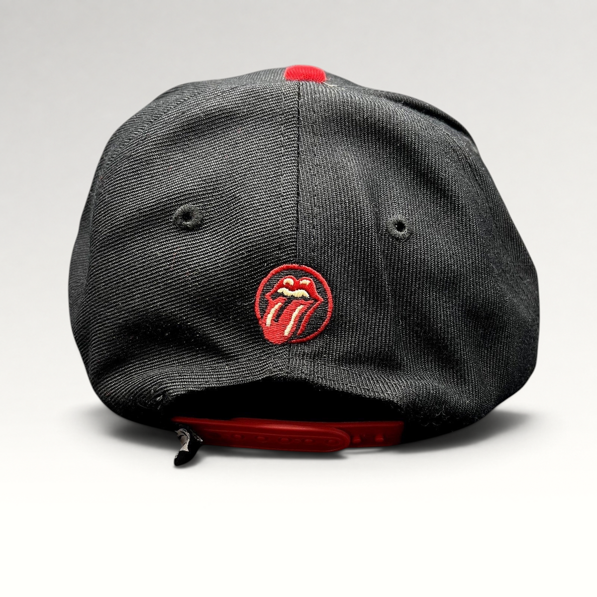 Raree Finds The Rolling Stones Zip Code 2015 tour snapback hat in black with red brim and rear tongue logo embroidery