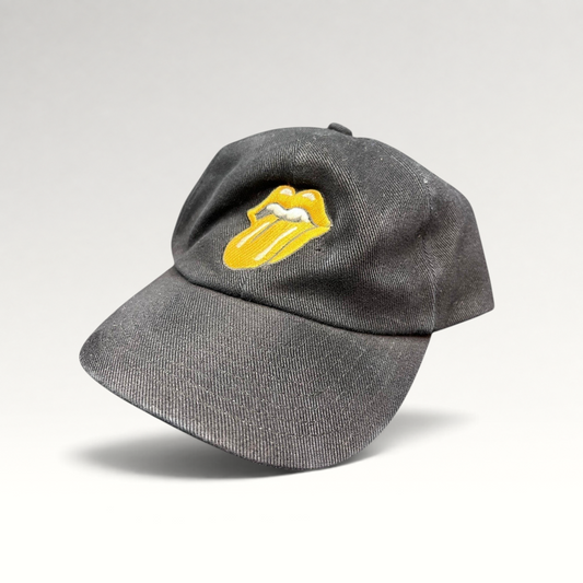 Raree Finds vintage 1997 Rolling Stones Bridges to Babylon black cotton snapback hat with gold tongue logo embroidery