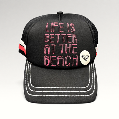 Raree Finds Roxy black trucker hat with pink Life Is Better At The Beach embroidery and white contrast brim stitching