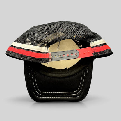 Raree Finds Roxy black trucker hat with pink and white striped mesh back and adjustable red snapback closure