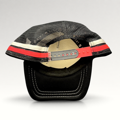 Raree Finds Roxy black trucker hat with pink and white striped mesh back and adjustable red snapback closure