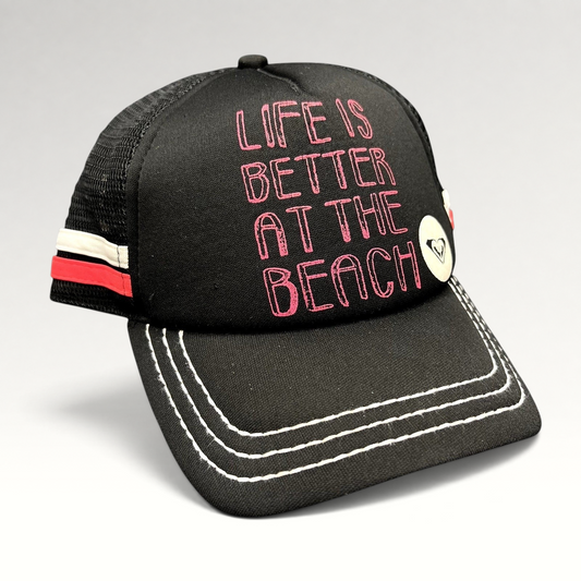 Raree Finds Roxy black trucker hat with pink Life Is Better At The Beach embroidery and white contrast brim stitching