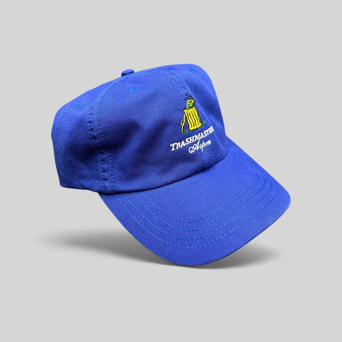 Raree Finds royal blue cotton Trashmasters Aspen golf hat with embroidered trash can logo and adjustable strapback