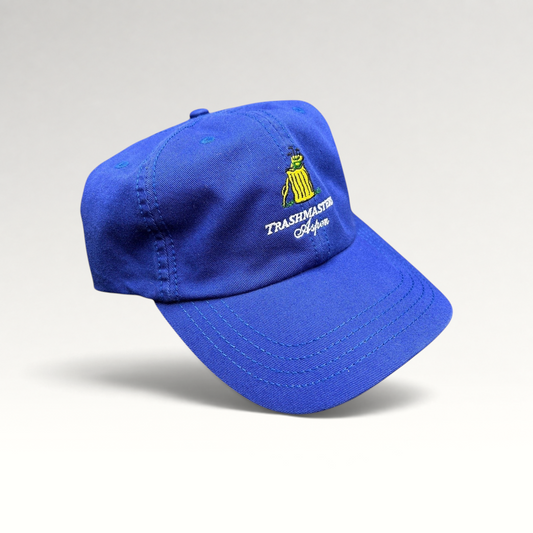 Raree Finds royal blue cotton Trashmasters Aspen golf hat with embroidered trash can logo and adjustable strapback