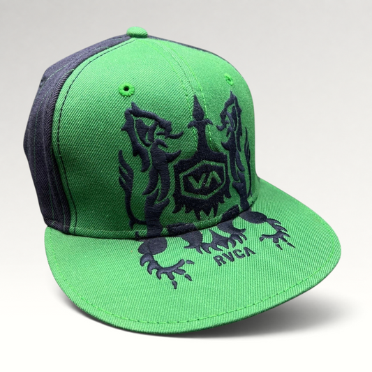Raree Finds vintage green and black RVCA snapback hat featuring a gothic lion crest logo and flat brim