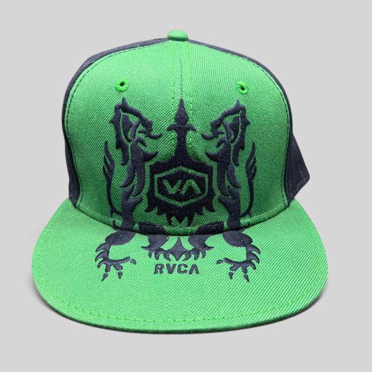 Raree Finds vintage RVCA snapback hat in bright green with black embroidered lion crest logo and flat brim