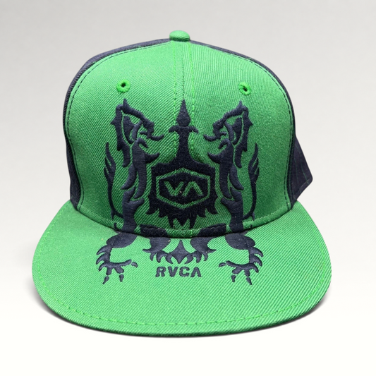 Raree Finds vintage RVCA snapback hat in bright green with black embroidered lion crest logo and flat brim