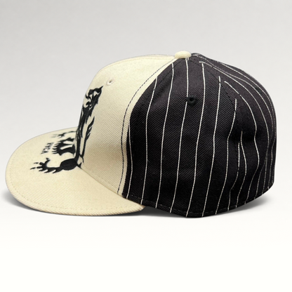 Raree Finds RVCA black and white pinstripe wool blend fitted hat with a crest graphic on the front panel