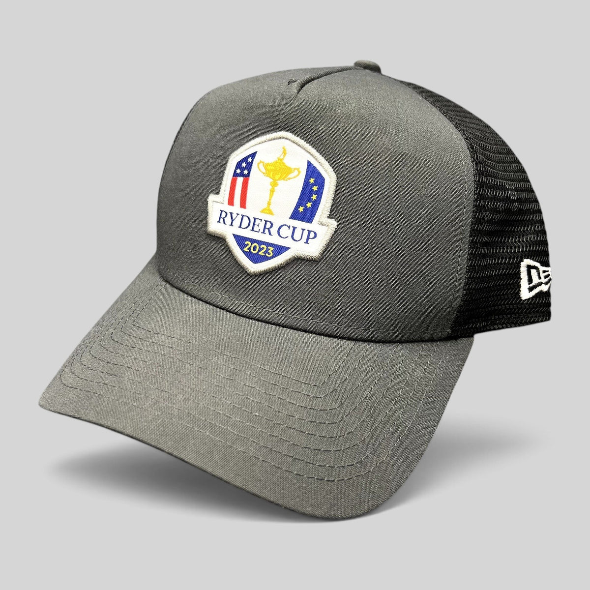 Raree Finds 2023 Ryder Cup charcoal gray and black mesh snapback trucker hat with embroidered tournament shield logo