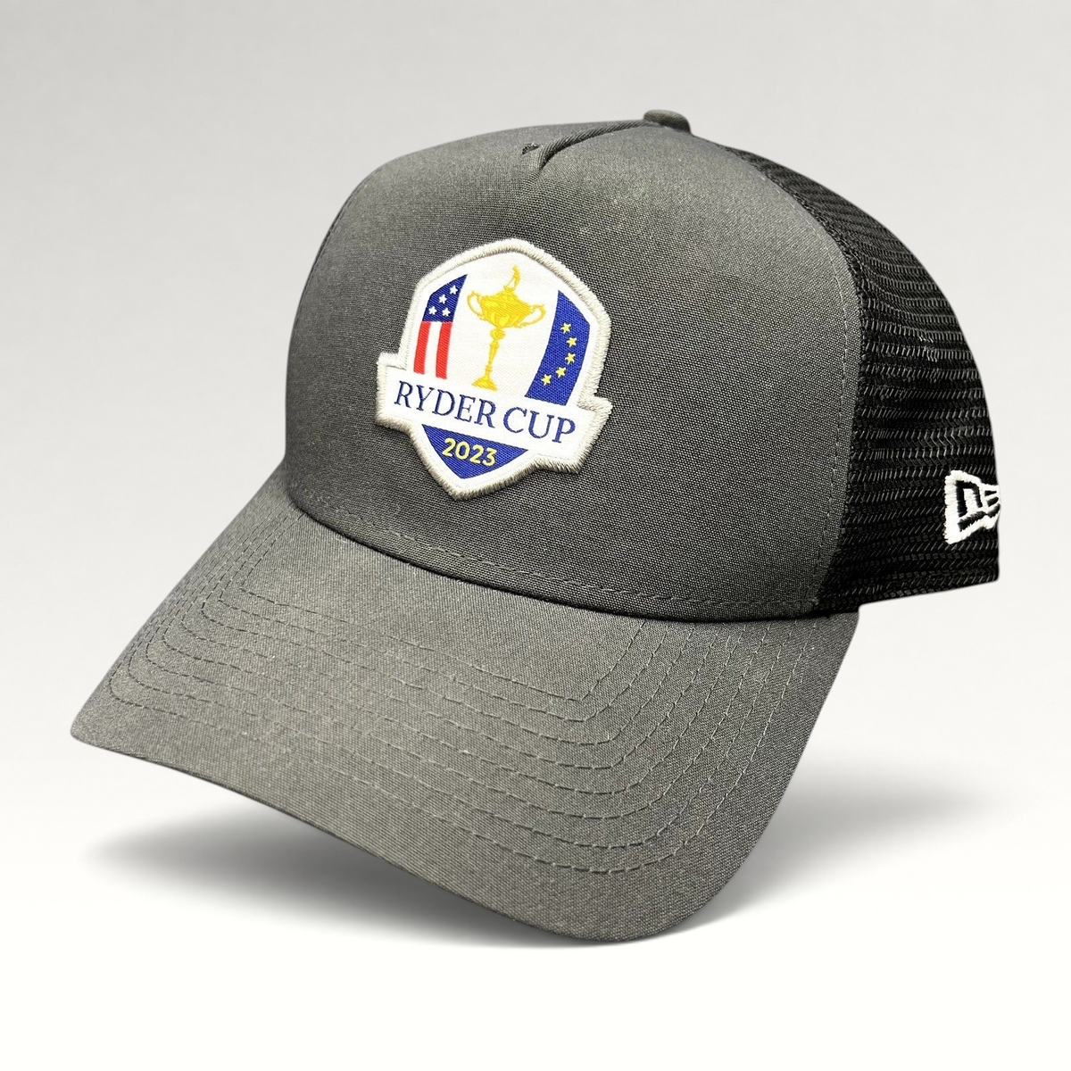 Raree Finds 2023 Ryder Cup charcoal gray and black mesh snapback trucker hat with embroidered tournament shield logo