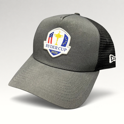 Raree Finds 2023 Ryder Cup charcoal gray and black mesh snapback trucker hat with embroidered tournament shield logo